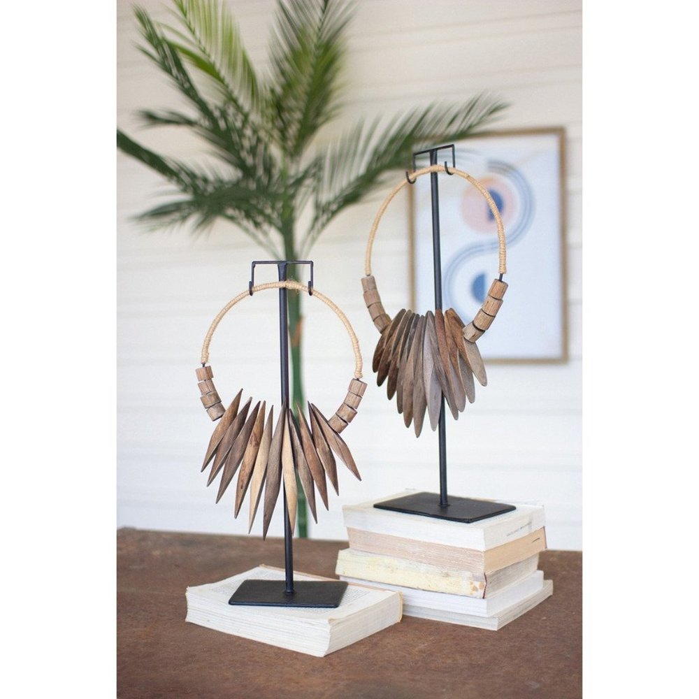 Recycled Wood necklace art on stand